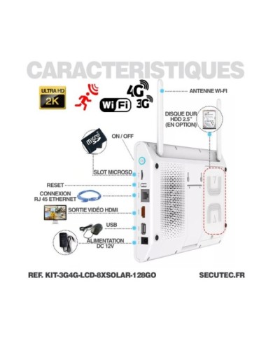 Kit vidéosurveillance 8 caméras solaires UHD 2K Wifi un écran LCD 10,1 récepteur enregistreur microSD 128 Go routeur 3G 4G WiFi Kit vidéosurveillance 8 caméras solaires UHD 2K Wifi un écran LCD 10,1 récepteur enregistreur microSD 128 Go routeur 3G 4G WiFi