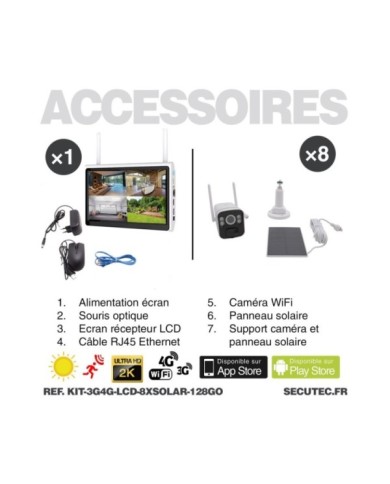 Kit vidéosurveillance 8 caméras solaires UHD 2K Wifi un écran LCD 10,1 récepteur enregistreur microSD 128 Go routeur 3G 4G WiFi Kit vidéosurveillance 8 caméras solaires UHD 2K Wifi un écran LCD 10,1 récepteur enregistreur microSD 128 Go routeur 3G 4G WiFi
