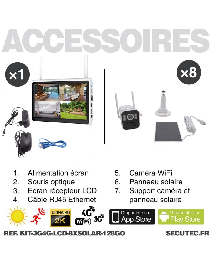 Kit vidéosurveillance 8 caméras solaires UHD 2K Wifi un écran LCD 10,1 récepteur enregistreur microSD 128 Go routeur 3G 4G WiFi