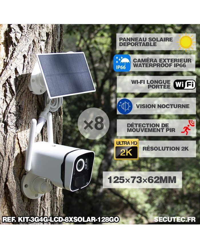 Kit vidéosurveillance 8 caméras solaires UHD 2K Wifi un écran LCD 10,1 récepteur enregistreur microSD 128 Go routeur 3G 4G WiFi