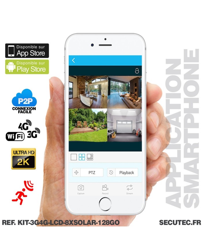 Kit vidéosurveillance 8 caméras solaires UHD 2K Wifi un écran LCD 10,1 récepteur enregistreur microSD 128 Go routeur 3G 4G WiFi