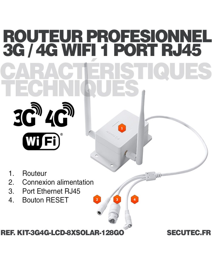 Kit vidéosurveillance 8 caméras solaires UHD 2K Wifi un écran LCD 10,1 récepteur enregistreur microSD 128 Go routeur 3G 4G WiFi