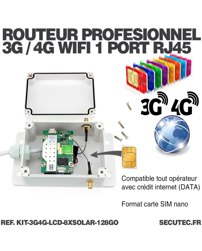 Kit vidéosurveillance 8 caméras solaires UHD 2K Wifi un écran LCD 10,1 récepteur enregistreur microSD 128 Go routeur 3G 4G WiFi