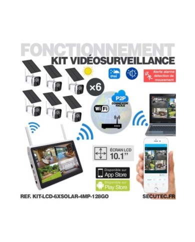 Kit vidéosurveillance 6 caméras solaires UHD 2K Wifi un écran LCD 10.1 récepteur enregistreur microSD 128 Go Kit vidéosurveillance 6 caméras solaires UHD 2K Wifi un écran LCD 10.1 récepteur enregistreur microSD 128 Go