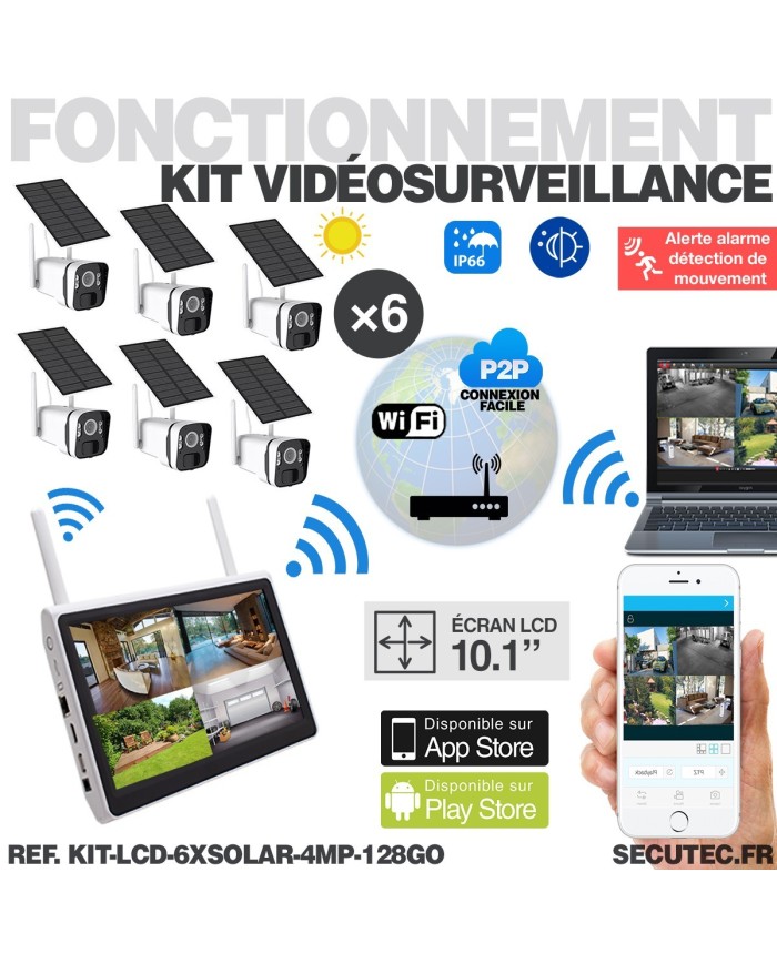 Kit vidéosurveillance 6 caméras solaires UHD 2K Wifi un écran LCD 10.1 récepteur enregistreur microSD 128 Go