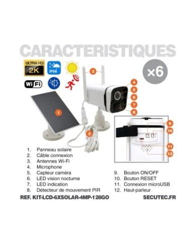 Kit vidéosurveillance 6 caméras solaires UHD 2K Wifi un écran LCD 10.1 récepteur enregistreur microSD 128 Go Kit vidéosurveillance 6 caméras solaires UHD 2K Wifi un écran LCD 10.1 récepteur enregistreur microSD 128 Go