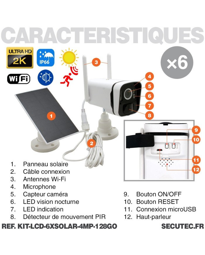 Kit vidéosurveillance 6 caméras solaires UHD 2K Wifi un écran LCD 10.1 récepteur enregistreur microSD 128 Go