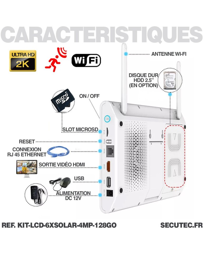 Kit vidéosurveillance 6 caméras solaires UHD 2K Wifi un écran LCD 10.1 récepteur enregistreur microSD 128 Go