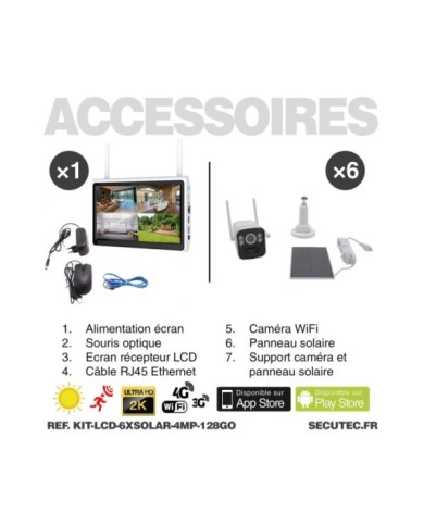 Kit vidéosurveillance 6 caméras solaires UHD 2K Wifi un écran LCD 10.1 récepteur enregistreur microSD 128 Go Kit vidéosurveillance 6 caméras solaires UHD 2K Wifi un écran LCD 10.1 récepteur enregistreur microSD 128 Go
