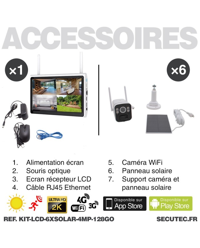 Kit vidéosurveillance 6 caméras solaires UHD 2K Wifi un écran LCD 10.1 récepteur enregistreur microSD 128 Go