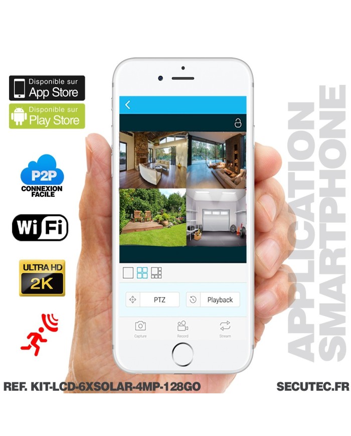 Kit vidéosurveillance 6 caméras solaires UHD 2K Wifi un écran LCD 10.1 récepteur enregistreur microSD 128 Go