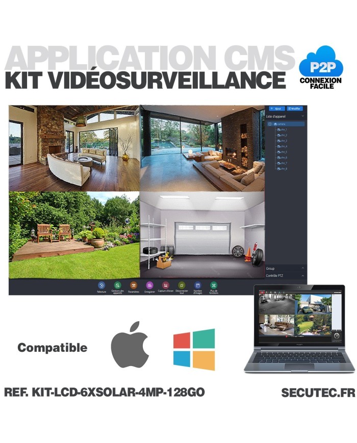 Kit vidéosurveillance 6 caméras solaires UHD 2K Wifi un écran LCD 10.1 récepteur enregistreur microSD 128 Go