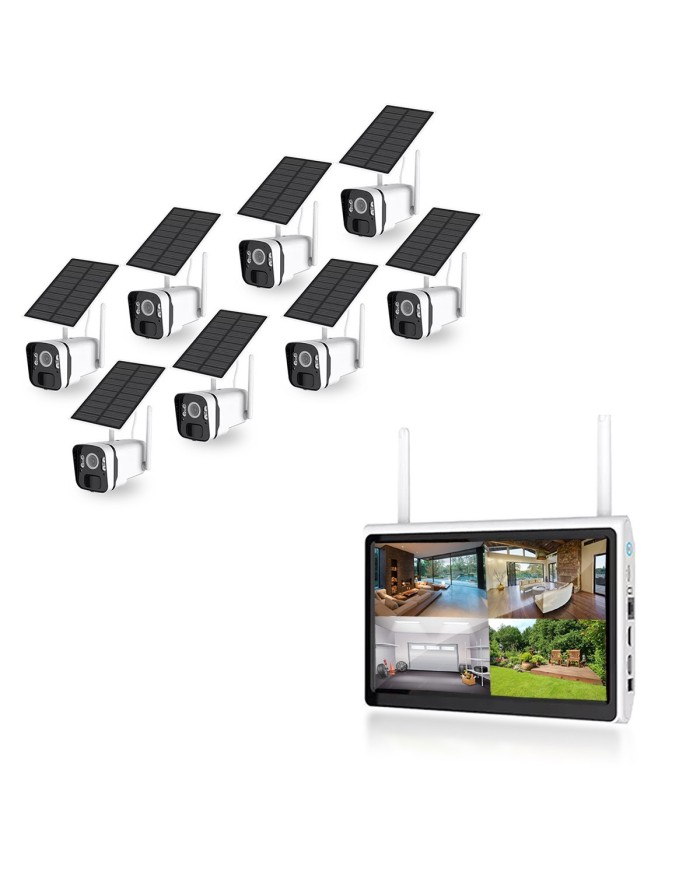 Kit vidéosurveillance 8 caméras solaires UHD 2K Wifi un écran LCD 10.1 récepteur enregistreur microSD 128 Go