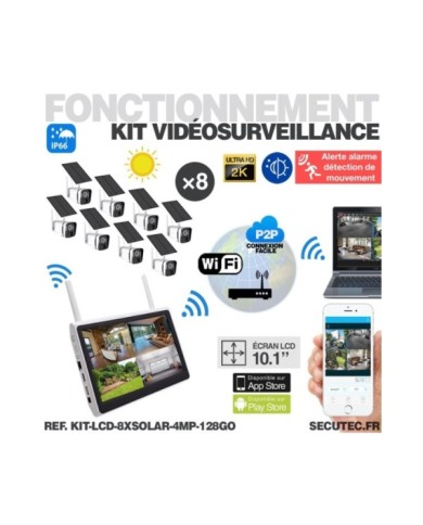 Kit vidéosurveillance 8 caméras solaires UHD 2K Wifi un écran LCD 10.1 récepteur enregistreur microSD 128 Go Kit vidéosurveillance 8 caméras solaires UHD 2K Wifi un écran LCD 10.1 récepteur enregistreur microSD 128 Go
