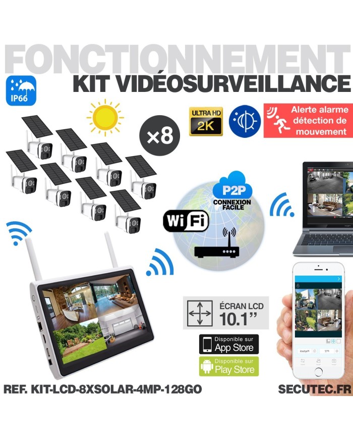 Kit vidéosurveillance 8 caméras solaires UHD 2K Wifi un écran LCD 10.1 récepteur enregistreur microSD 128 Go