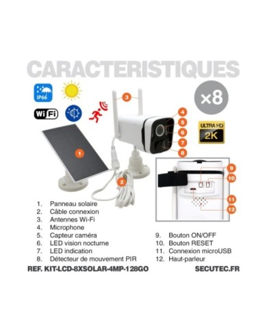 Kit vidéosurveillance 8 caméras solaires UHD 2K Wifi un écran LCD 10.1 récepteur enregistreur microSD 128 Go Kit vidéosurveillance 8 caméras solaires UHD 2K Wifi un écran LCD 10.1 récepteur enregistreur microSD 128 Go