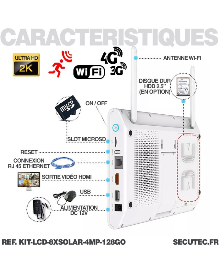 Kit vidéosurveillance 8 caméras solaires UHD 2K Wifi un écran LCD 10.1 récepteur enregistreur microSD 128 Go