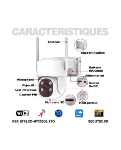 Kit vidéosurveillance WiFi 4 caméra solaire pilotable PIR Ultra HD avec écran LCD 10.1 récepteur enregistreur 1To Kit vidéosurveillance WiFi 4 caméra solaire pilotable PIR Ultra HD avec écran LCD 10.1 récepteur enregistreur 1To