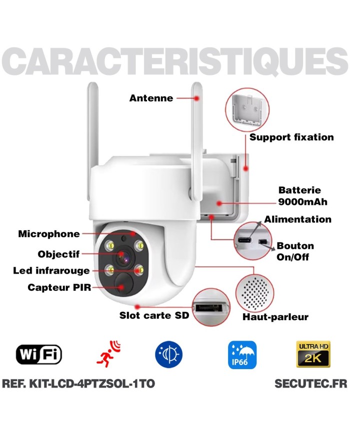 Kit vidéosurveillance WiFi 4 caméra solaire pilotable PIR Ultra HD avec écran LCD 10.1 récepteur enregistreur 1To