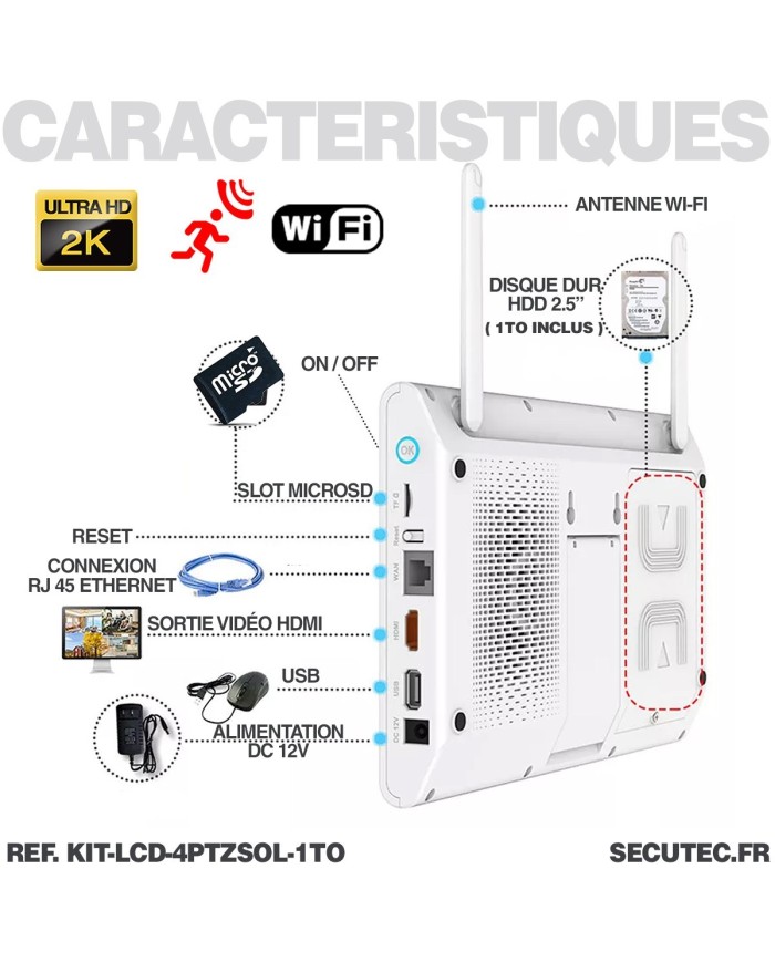 Kit vidéosurveillance WiFi 4 caméra solaire pilotable PIR Ultra HD avec écran LCD 10.1 récepteur enregistreur 1To