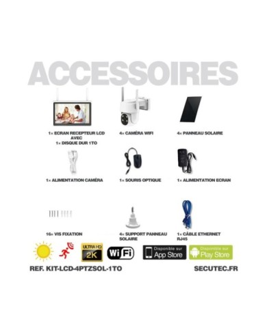 Kit vidéosurveillance WiFi 4 caméra solaire pilotable PIR Ultra HD avec écran LCD 10.1 récepteur enregistreur 1To Kit vidéosurveillance WiFi 4 caméra solaire pilotable PIR Ultra HD avec écran LCD 10.1 récepteur enregistreur 1To