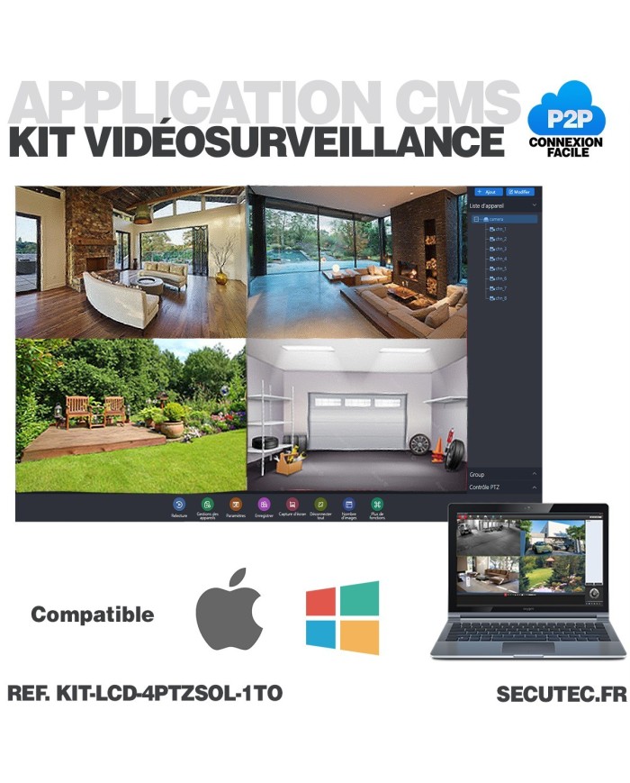 Kit vidéosurveillance WiFi 4 caméra solaire pilotable PIR Ultra HD avec écran LCD 10.1 récepteur enregistreur 1To