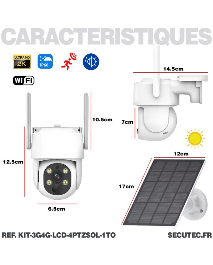 Kit vidéosurveillance 3G4G 4 caméras solaires pilotable PIR UHD écran LCD 10.1 enregistreur 1To routeur 3G4G WiFi
