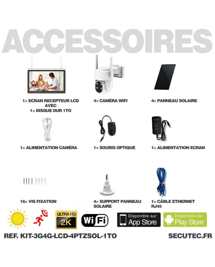 Kit vidéosurveillance 3G4G 4 caméras solaires pilotable PIR UHD écran LCD 10.1 enregistreur 1To routeur 3G4G WiFi