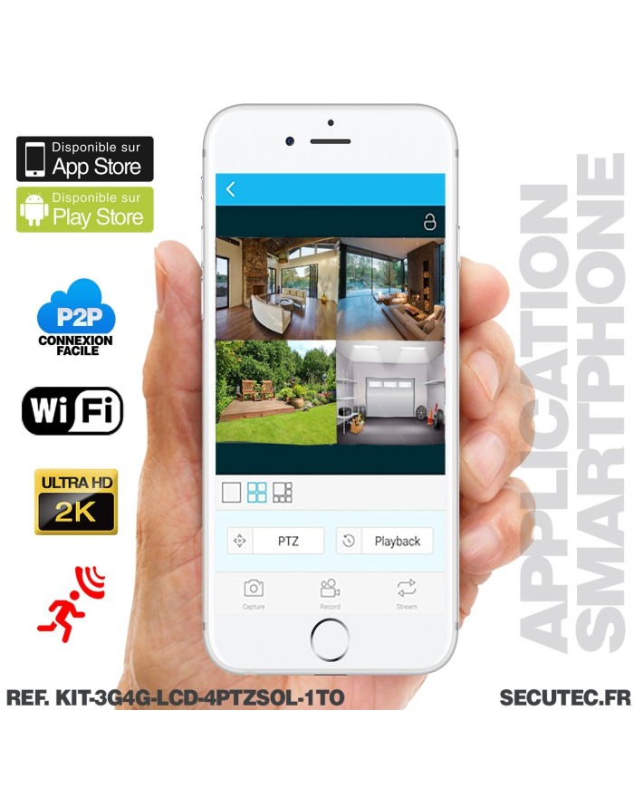 Kit vidéosurveillance 3G4G 4 caméras solaires pilotable PIR UHD écran LCD 10.1 enregistreur 1To routeur 3G4G WiFi