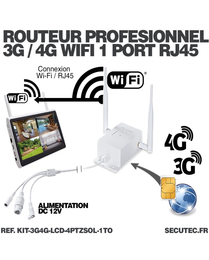 Kit vidéosurveillance 3G4G 4 caméras solaires pilotable PIR UHD écran LCD 10.1 enregistreur 1To routeur 3G4G WiFi