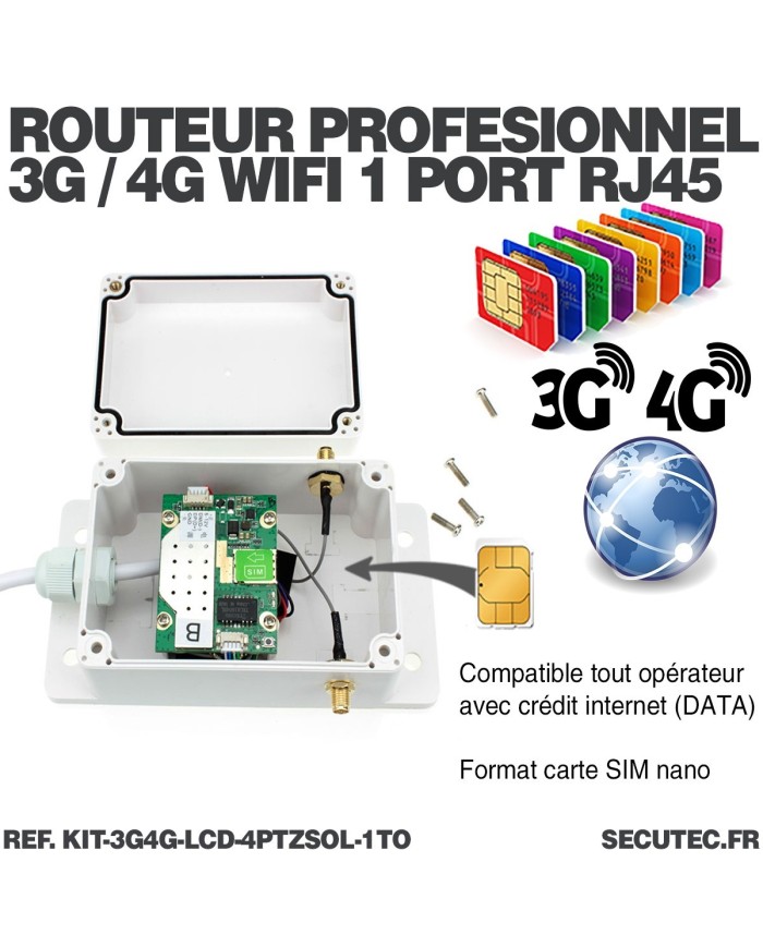 Kit vidéosurveillance 3G4G 4 caméras solaires pilotable PIR UHD écran LCD 10.1 enregistreur 1To routeur 3G4G WiFi