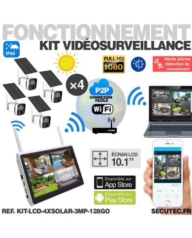 Kit vidéosurveillance avec 4 caméras solaires HD Wifi et un écran LCD 10.1 récepteur enregistreur microSD 128 Go Kit vidéosurveillance avec 4 caméras solaires HD Wifi et un écran LCD 10.1 récepteur enregistreur microSD 128 Go