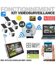 Kit vidéosurveillance avec 4 caméras solaires HD Wifi et un écran LCD 10.1 récepteur enregistreur microSD 128 Go