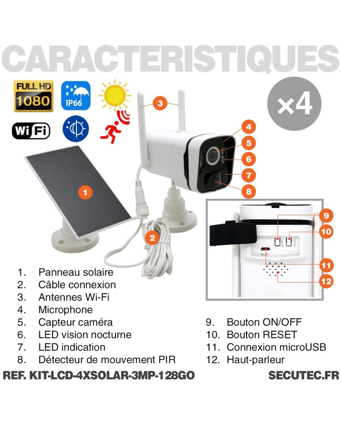 Kit vidéosurveillance avec 4 caméras solaires HD Wifi et un écran LCD 10.1 récepteur enregistreur microSD 128 Go