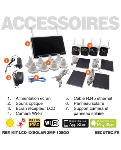 Kit vidéosurveillance avec 4 caméras solaires HD Wifi et un écran LCD 10.1 récepteur enregistreur microSD 128 Go Kit vidéosurveillance avec 4 caméras solaires HD Wifi et un écran LCD 10.1 récepteur enregistreur microSD 128 Go