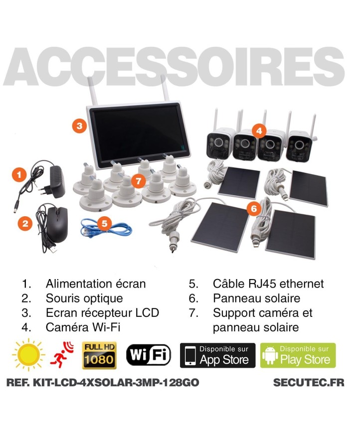 Kit vidéosurveillance avec 4 caméras solaires HD Wifi et un écran LCD 10.1 récepteur enregistreur microSD 128 Go