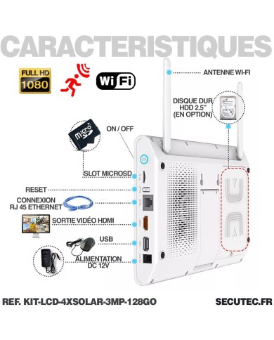 Kit vidéosurveillance avec 4 caméras solaires HD Wifi et un écran LCD 10.1 récepteur enregistreur microSD 128 Go Kit vidéosurveillance avec 4 caméras solaires HD Wifi et un écran LCD 10.1 récepteur enregistreur microSD 128 Go
