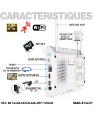 Kit vidéosurveillance avec 4 caméras solaires HD Wifi et un écran LCD 10.1 récepteur enregistreur microSD 128 Go