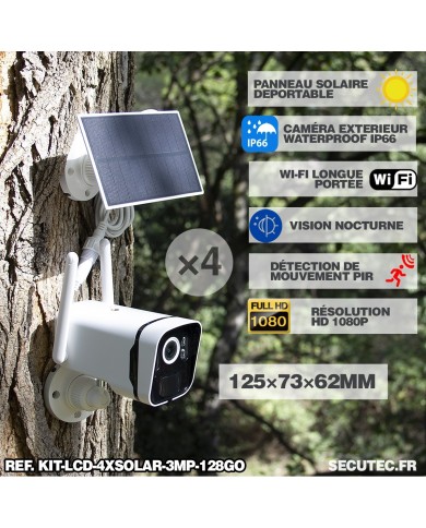 Kit vidéosurveillance avec 4 caméras solaires HD Wifi et un écran LCD 10.1 récepteur enregistreur microSD 128 Go Kit vidéosurveillance avec 4 caméras solaires HD Wifi et un écran LCD 10.1 récepteur enregistreur microSD 128 Go