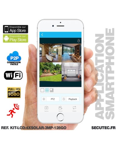 Kit vidéosurveillance avec 4 caméras solaires HD Wifi et un écran LCD 10.1 récepteur enregistreur microSD 128 Go Kit vidéosurveillance avec 4 caméras solaires HD Wifi et un écran LCD 10.1 récepteur enregistreur microSD 128 Go