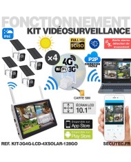 Kit vidéosurveillance 3G 4G avec 4 caméras solaires HD Wifi et un écran LCD 10,1 récepteur enregistreur microSD 128 Go avec rout