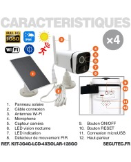 Kit vidéosurveillance 3G 4G avec 4 caméras solaires HD Wifi et un écran LCD 10,1 récepteur enregistreur microSD 128 Go avec rout
