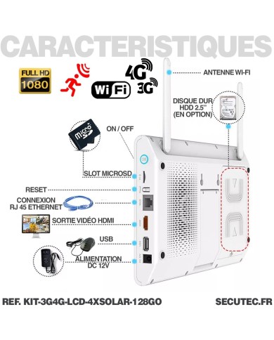 Kit vidéosurveillance 3G 4G avec 4 caméras solaires HD Wifi et un écran LCD 10,1 récepteur enregistreur microSD 128 Go avec rout Kit vidéosurveillance 3G 4G avec 4 caméras solaires HD Wifi et un écran LCD 10,1 récepteur enregistreur microSD 128 Go avec rout