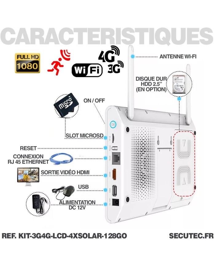 Kit vidéosurveillance 3G 4G avec 4 caméras solaires HD Wifi et un écran LCD 10,1 récepteur enregistreur microSD 128 Go avec rout