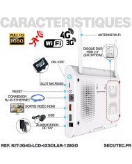 Kit vidéosurveillance 3G 4G avec 4 caméras solaires HD Wifi et un écran LCD 10,1 récepteur enregistreur microSD 128 Go avec rout