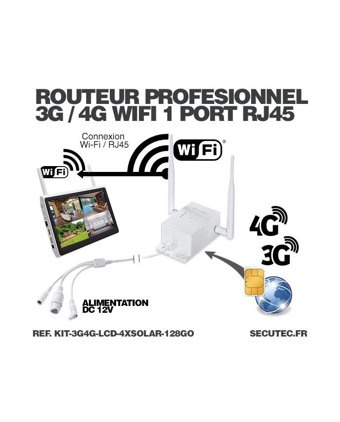 Kit vidéosurveillance 3G 4G avec 4 caméras solaires HD Wifi et un écran LCD 10,1 récepteur enregistreur microSD 128 Go avec rout