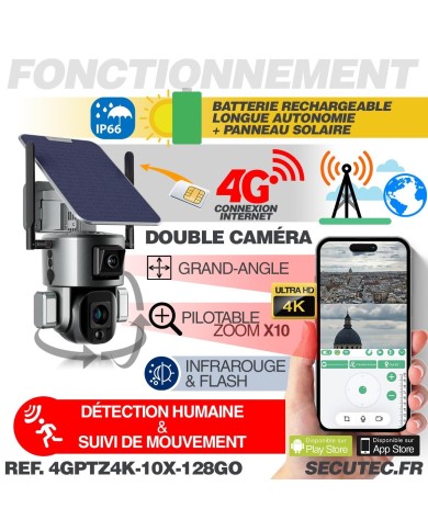 Double caméra pilotable solaire 4G Ultra HD 4K waterproof Zoom X10 autotracking IR détection de mouvement avec alarme et sirène Double caméra pilotable solaire 4G Ultra HD 4K waterproof Zoom X10 autotracking IR détection de mouvement avec alarme et sirène
