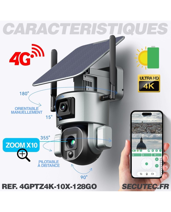 Double caméra pilotable solaire 4G Ultra HD 4K waterproof Zoom X10 autotracking IR détection de mouvement avec alarme et sirène Double caméra pilotable solaire 4G Ultra HD 4K waterproof Zoom X10 autotracking IR détection de mouvement avec alarme et sirène
