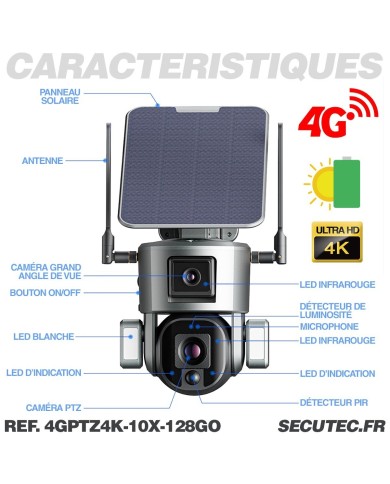 Double caméra pilotable solaire 4G Ultra HD 4K waterproof Zoom X10 autotracking IR détection de mouvement avec alarme et sirène Double caméra pilotable solaire 4G Ultra HD 4K waterproof Zoom X10 autotracking IR détection de mouvement avec alarme et sirène