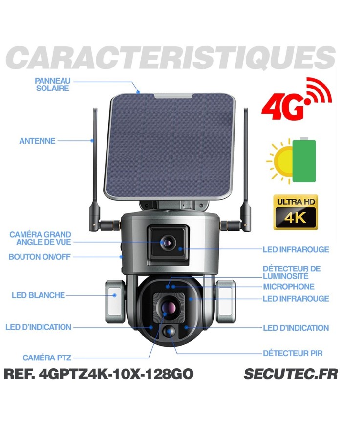 Double caméra pilotable solaire 4G Ultra HD 4K waterproof Zoom X10 autotracking IR détection de mouvement avec alarme et sirène Double caméra pilotable solaire 4G Ultra HD 4K waterproof Zoom X10 autotracking IR détection de mouvement avec alarme et sirène